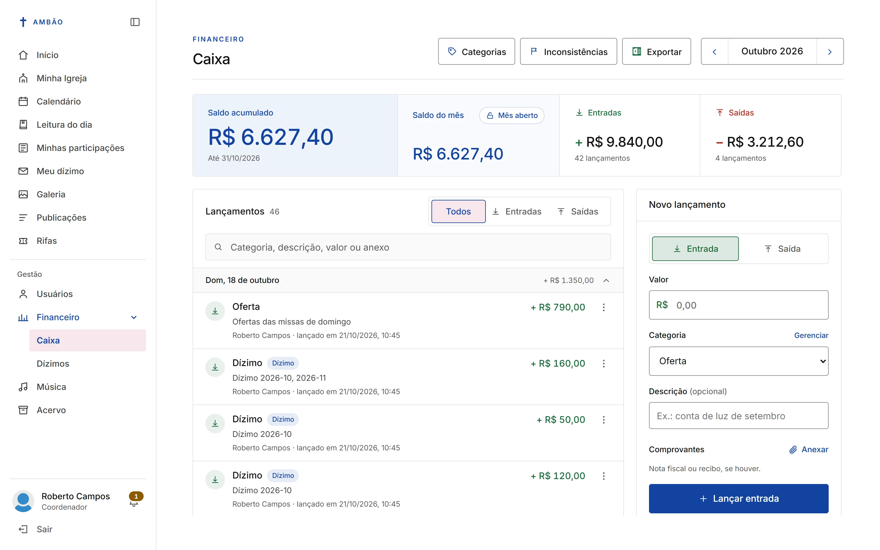 Print do painel: caixa da igreja, com dados fictícios