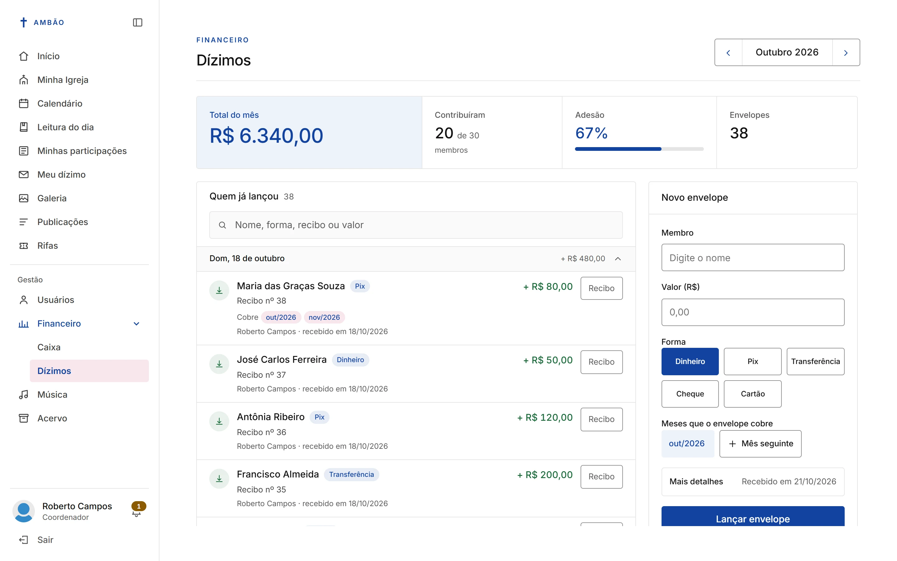 Print do painel: dízimos do mês, com dados fictícios