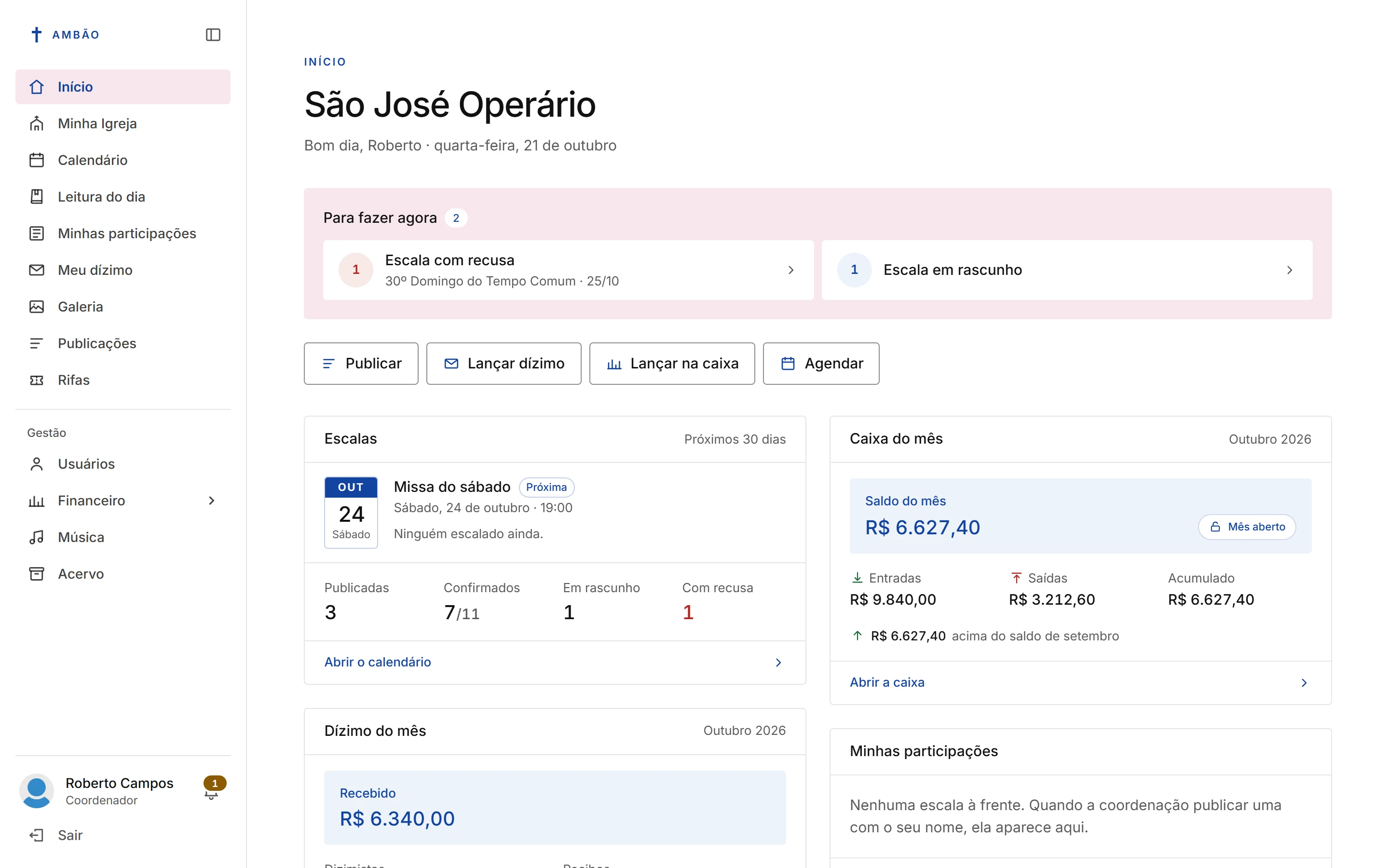 Print do painel: início da coordenação, com dados fictícios